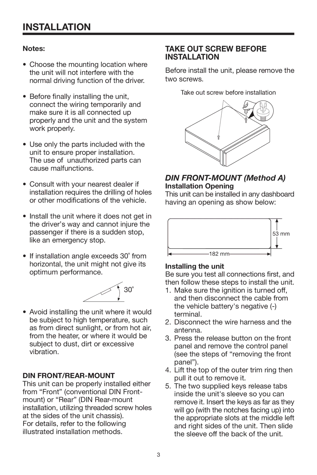 PYLE Audio PLCD14MRKT owner manual Take OUT Screw Before Installation, Din Front/Rear-Mount, Installation Opening 