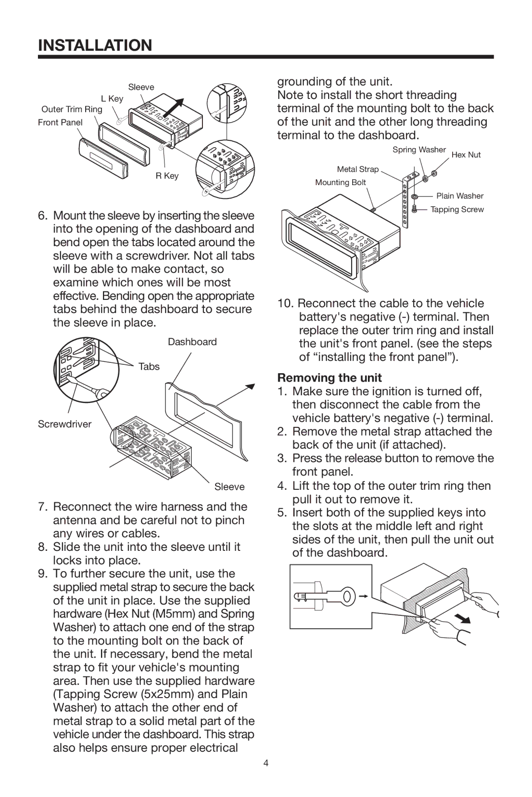 PYLE Audio PLCD14MRKT owner manual Grounding of the unit, Removing the unit 