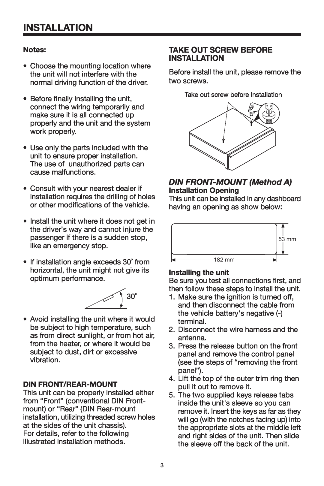 PYLE Audio PLCD14MRKT owner manual Take Out Screw Before Installation, DIN FRONT-MOUNT Method A 
