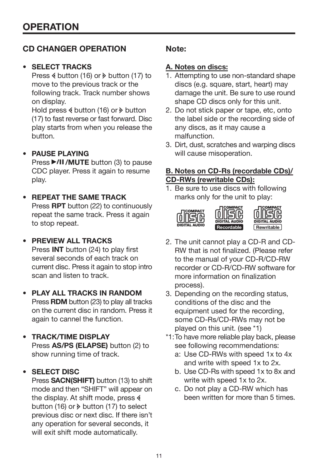 PYLE Audio PLCD15MR CD Changer Operation, Press AS/PS Elapse button 2 to show running time of track, Select Disc 