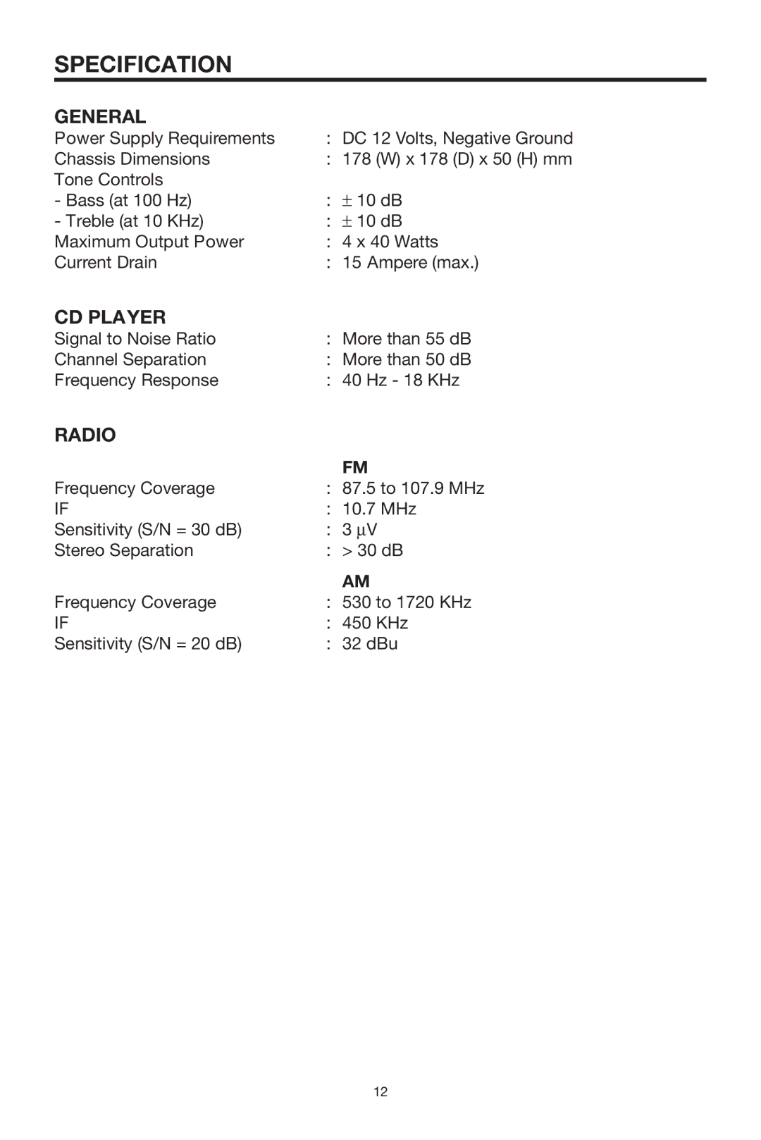 PYLE Audio PLCD15MR owner manual Specification, General, CD Player, Radio 