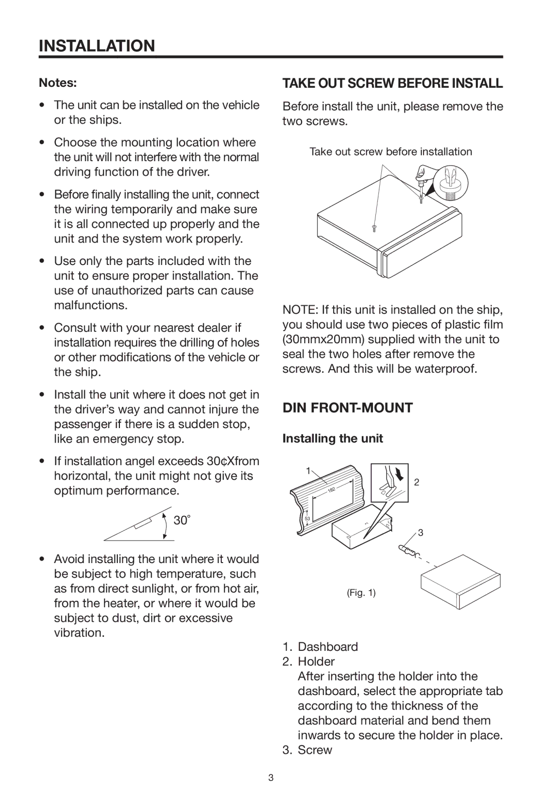 PYLE Audio PLCD15MR owner manual Installation, Take OUT Screw Before Install, Din Front-Mount, Installing the unit 