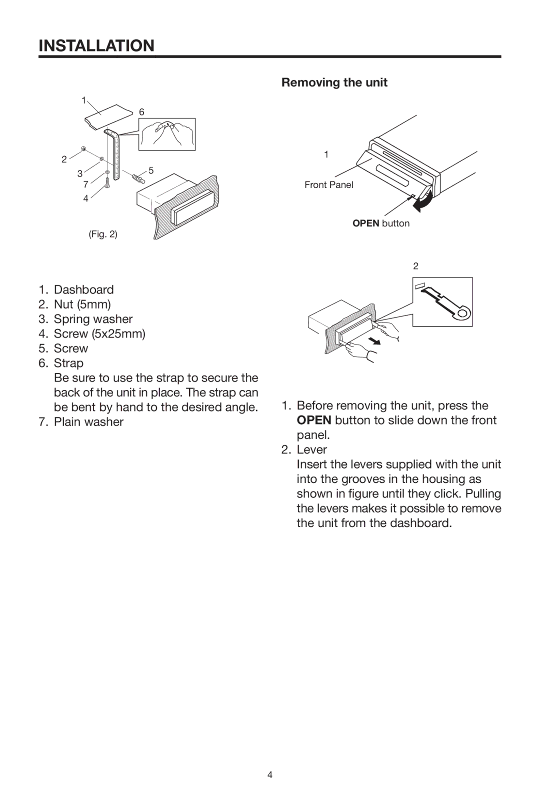 PYLE Audio PLCD15MR owner manual Dashboard Nut 5mm Spring washer Screw 5x25mm Strap, Plain washer, Removing the unit 