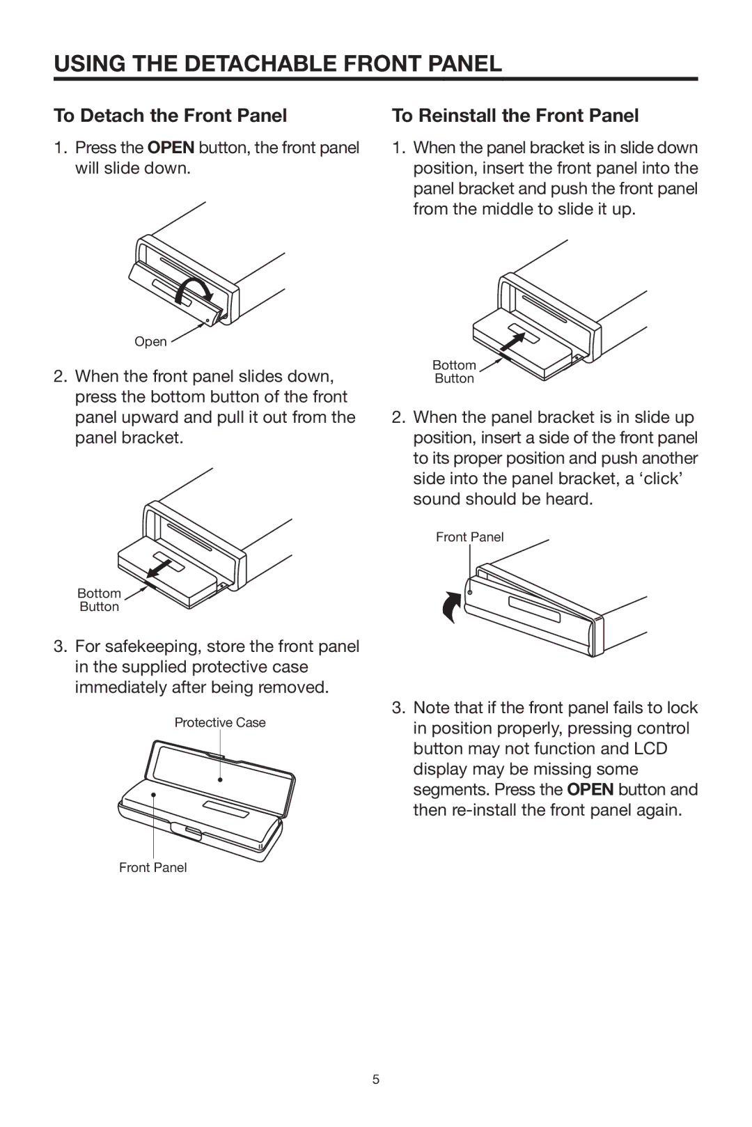 PYLE Audio PLCD15MR owner manual Using the Detachable Front Panel, Press the Open button, the front panel will slide down 