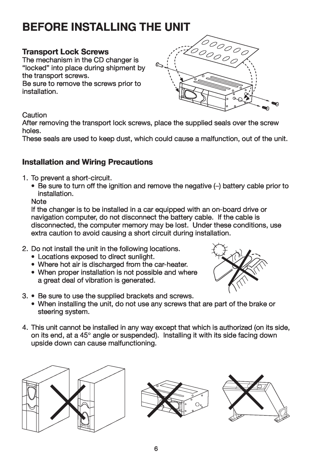 PYLE Audio PLCD20CH manual Before Installing The Unit, Transport Lock Screws, Installation and Wiring Precautions 