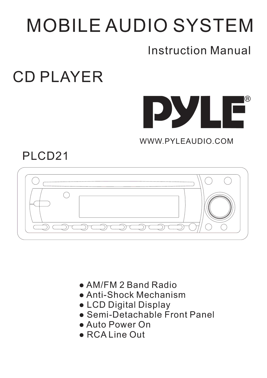 PYLE Audio PLCD21 instruction manual Mobile Audio System 