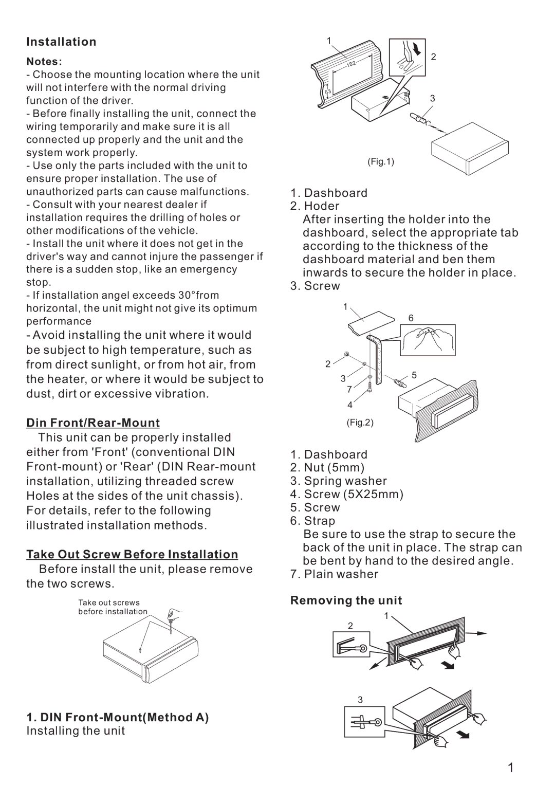 PYLE Audio PLCD21 instruction manual Din Front/Rear-Mount, Take Out Screw Before Installation, Removing the unit 