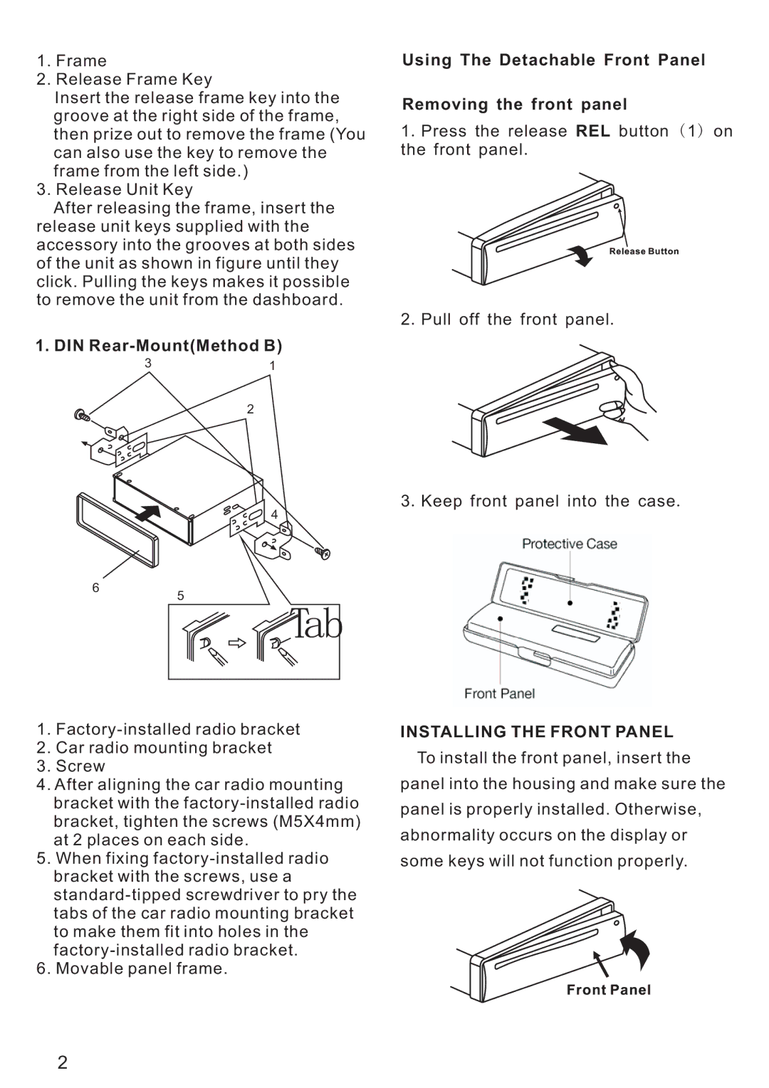 PYLE Audio PLCD21 instruction manual Tab, Installing the Front Panel 