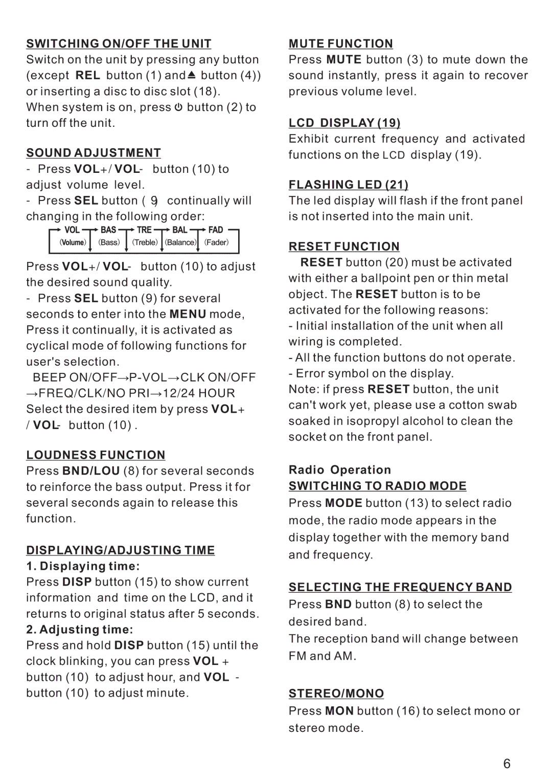 PYLE Audio PLCD21 Switching ON/OFF the Unit, Sound Adjustment, Loudness Function, DISPLAYING/ADJUSTING Time, Mute Function 