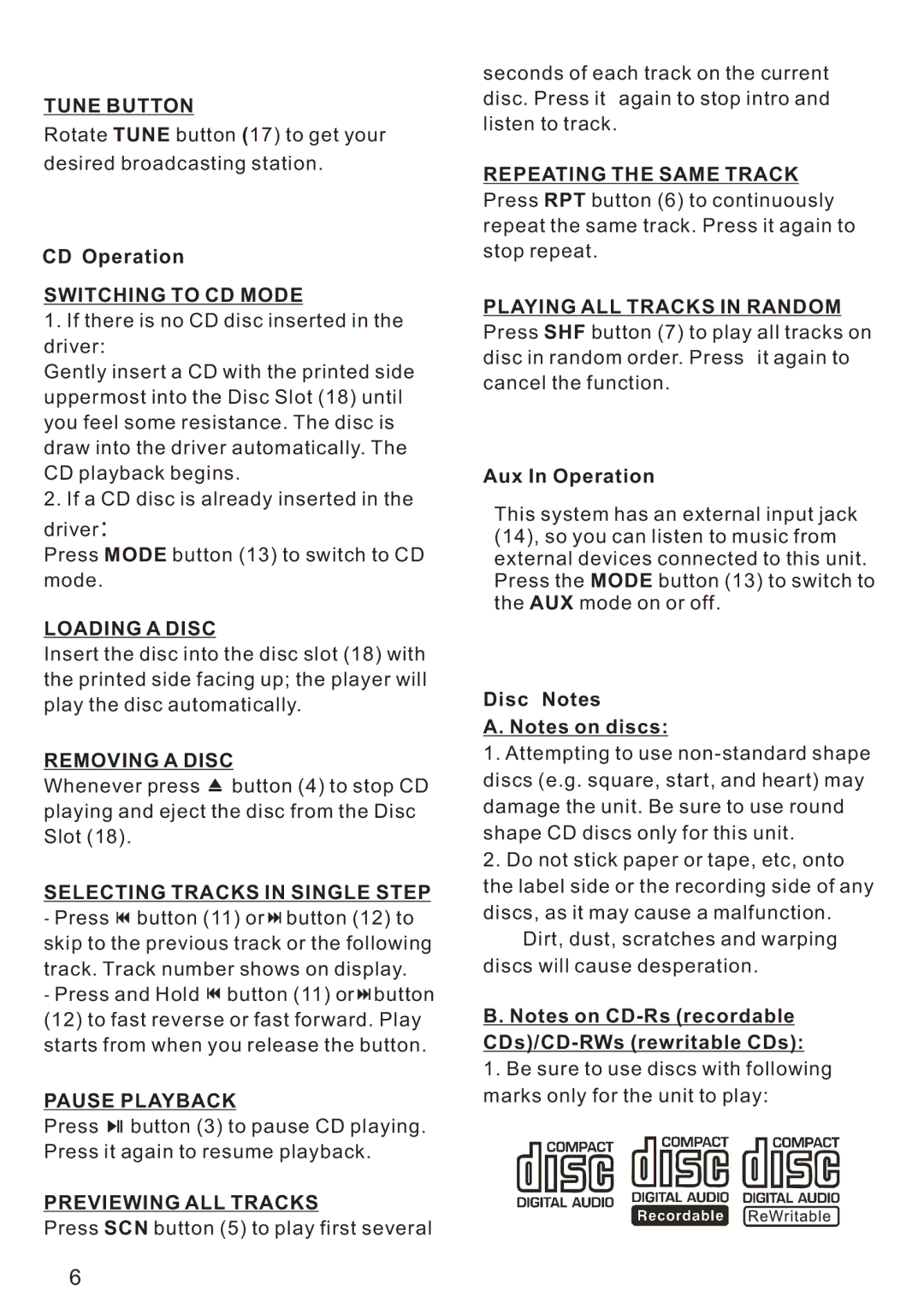 PYLE Audio PLCD21 Tune Button, Switching to CD Mode, Loading a Disc, Removing a Disc, Selecting Tracks in Single Step 