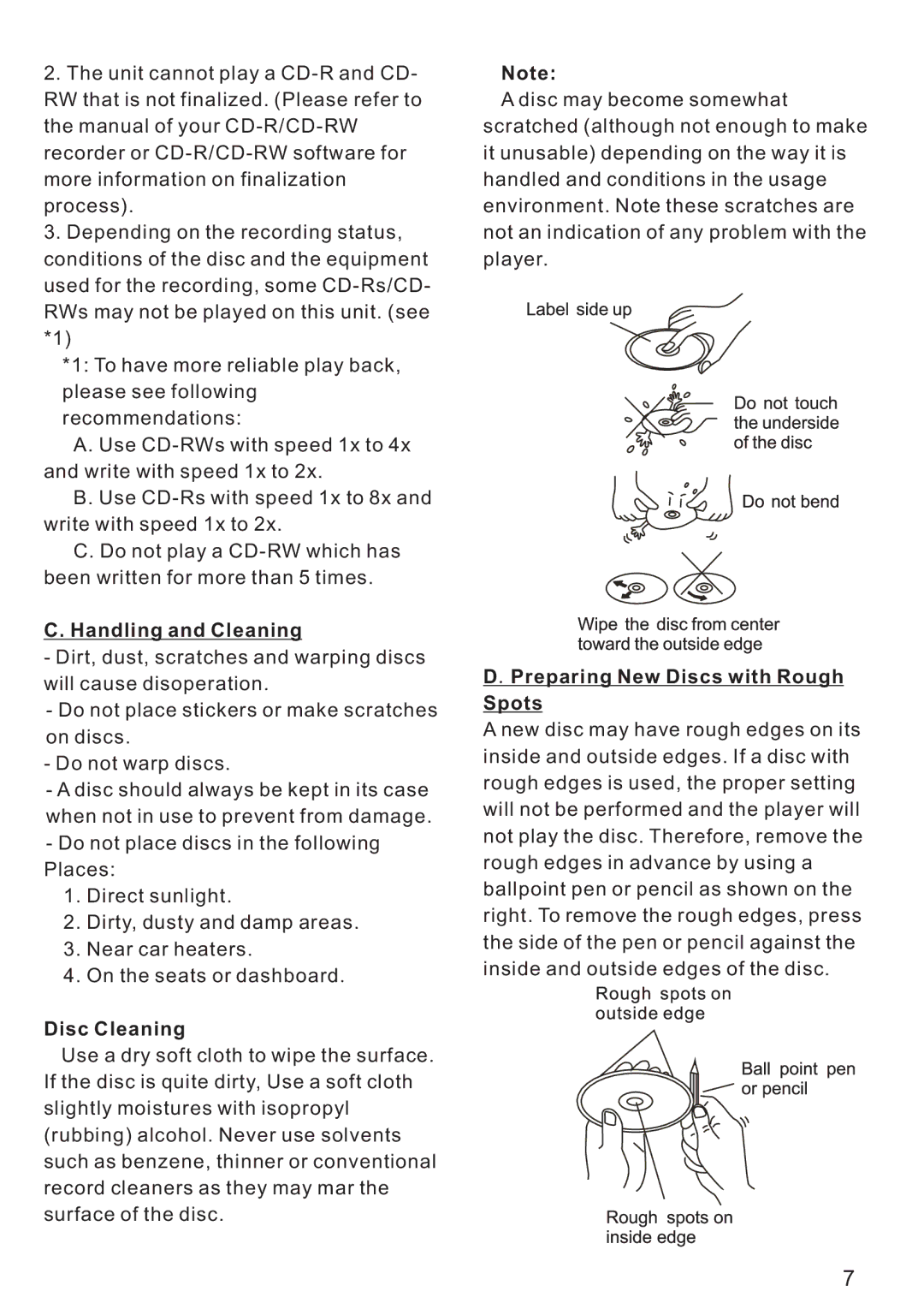 PYLE Audio PLCD21 instruction manual Handling and Cleaning, Disc Cleaning, Preparing New Discs with Rough Spots 