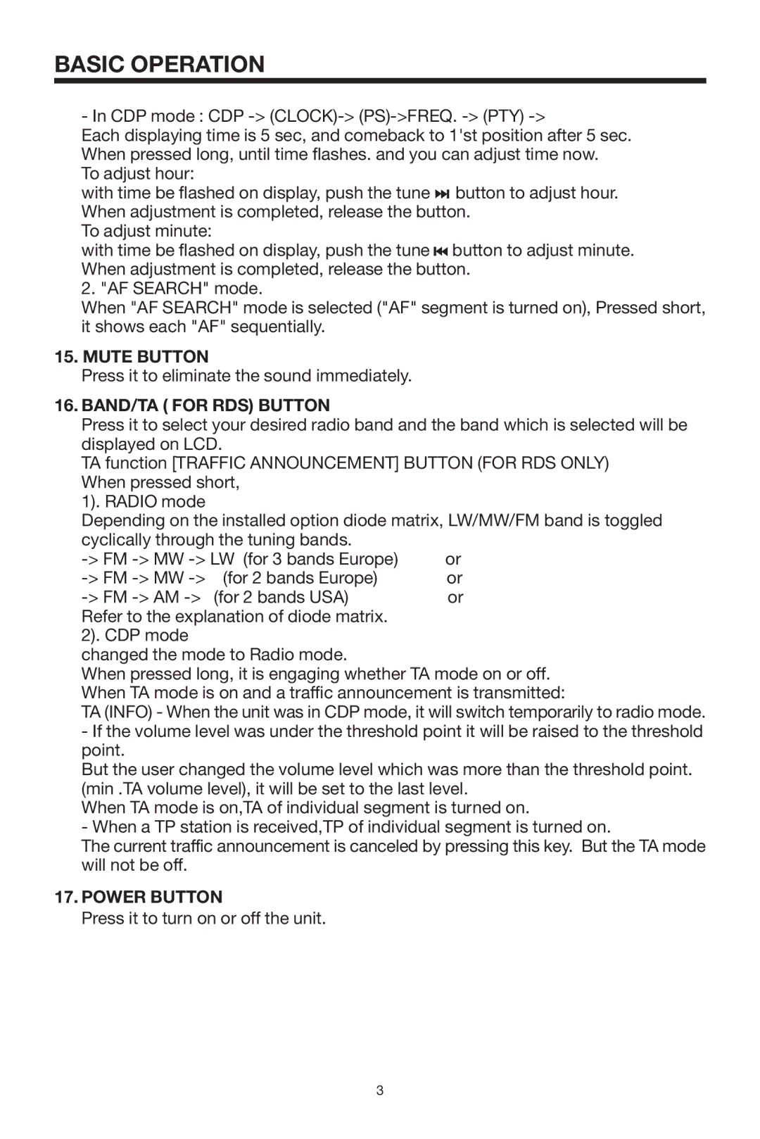 PYLE Audio PLCD24 instruction manual Mute Button, BAND/TA for RDS Button, Power Button 