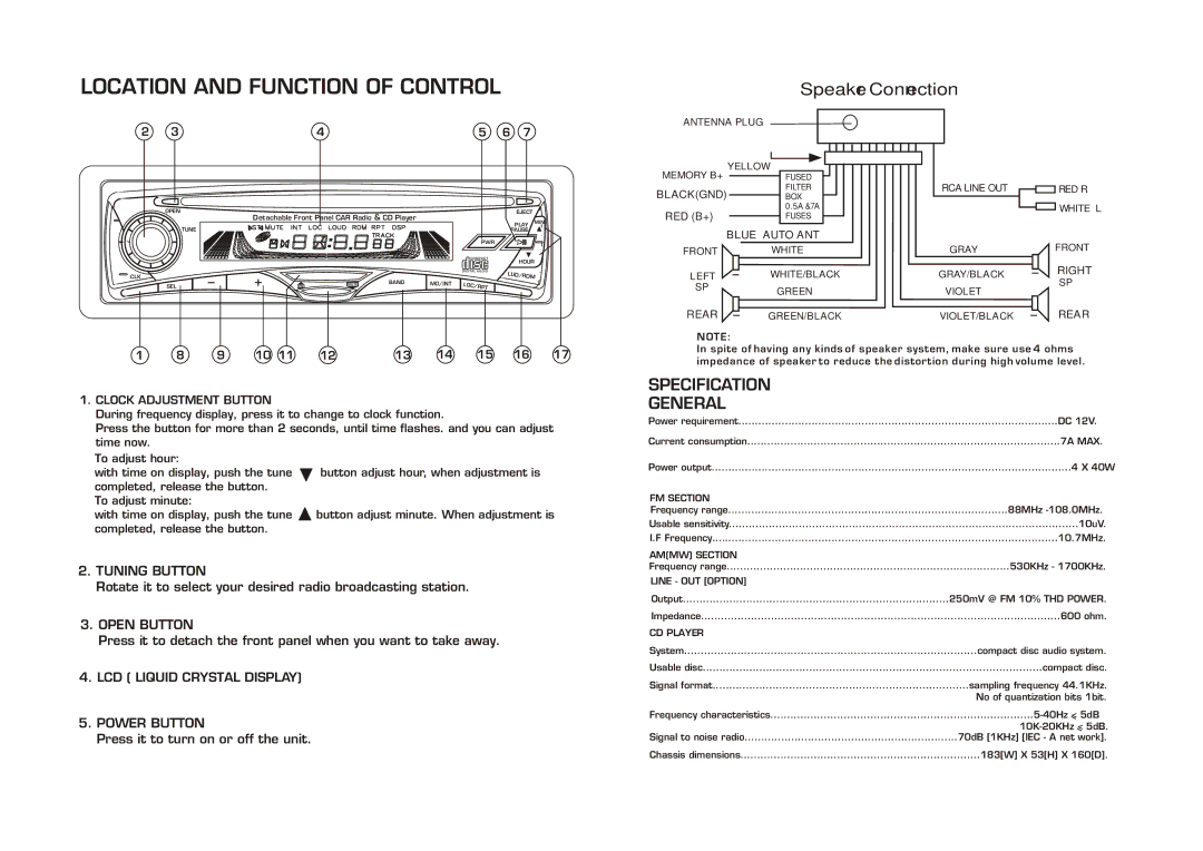 PYLE Audio PLCD25 instruction manual Tuning Button, Open Button, LCD Liquid Crystal Display Power Button 