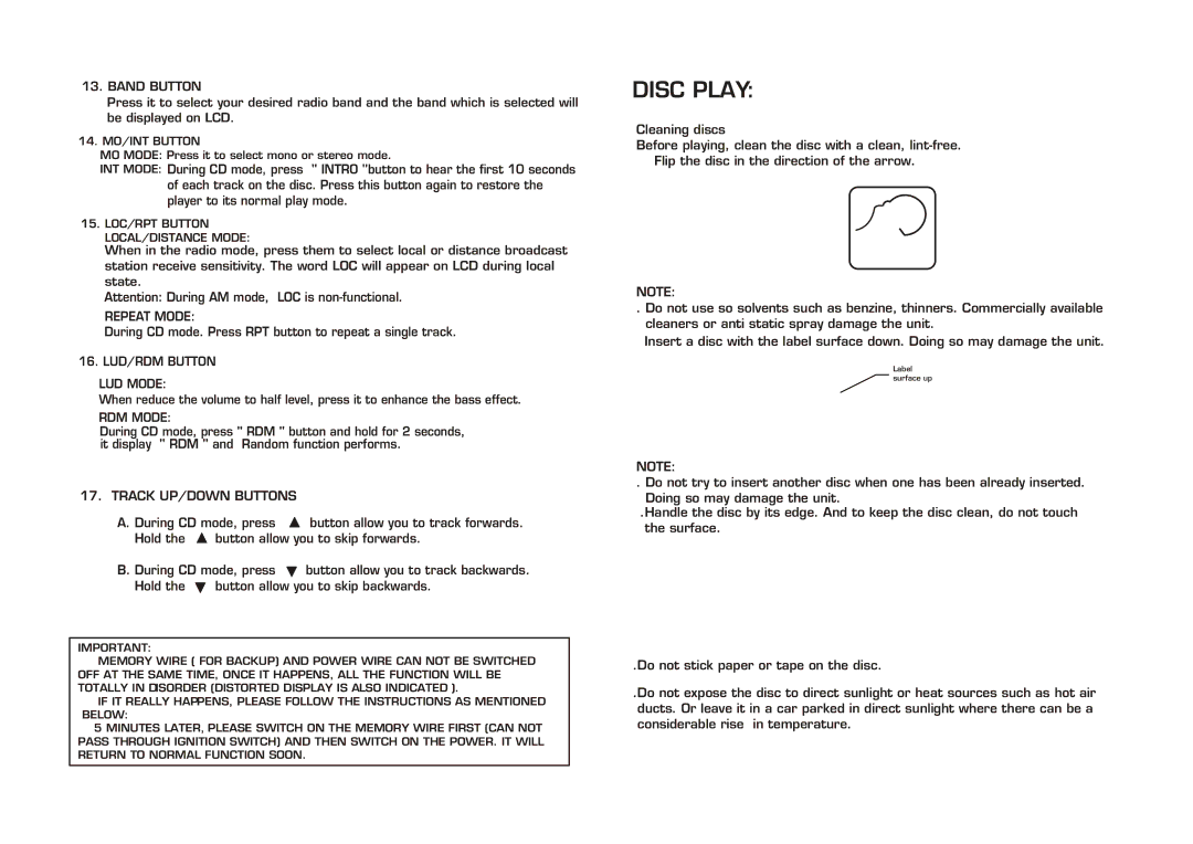 PYLE Audio PLCD25 instruction manual Band Button, Repeat Mode, LUD/RDM Button LUD Mode, RDM Mode, Track UP/DOWN Buttons 