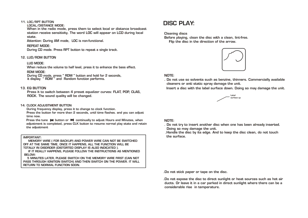 PYLE Audio PLCD26 instruction manual Repeat Mode, LUD/RDM Button LUD Mode, RDM Mode, EQ Button 