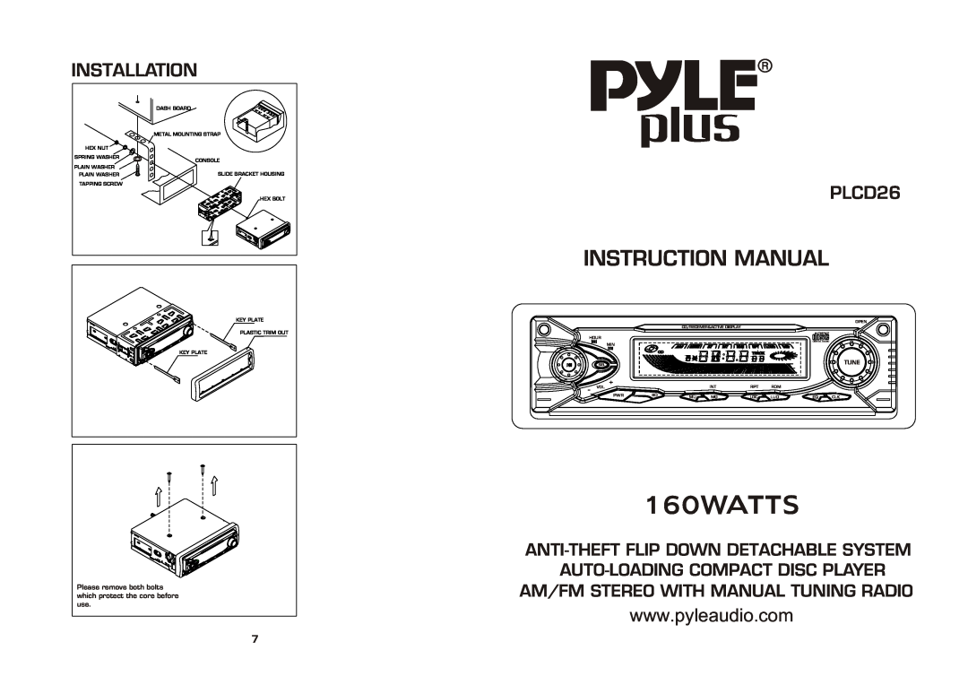 PYLE Audio PLCD26 instruction manual 160WATTS, Installation, Tune 