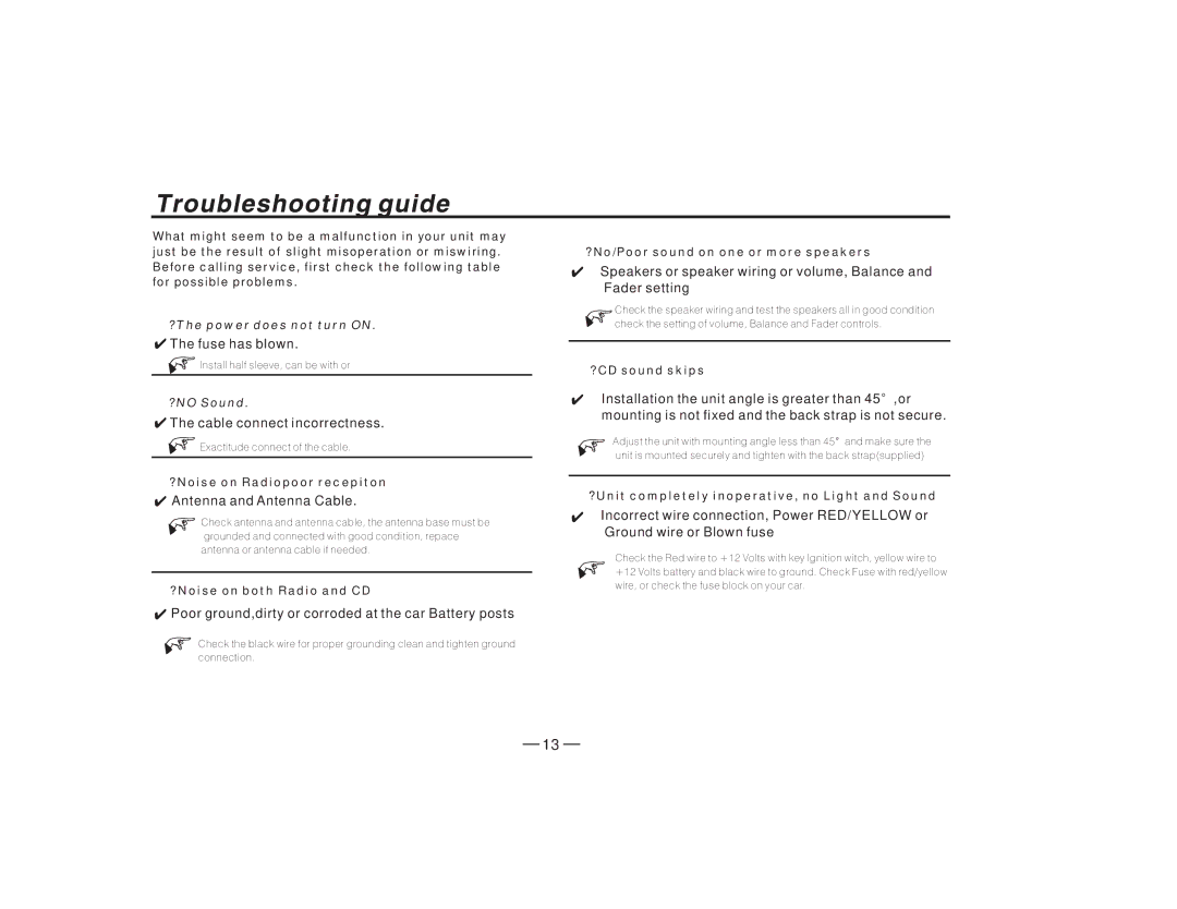 PYLE Audio PLCD27 manual Fuse has blown, Cable connect incorrectness, Antenna and Antenna Cable 
