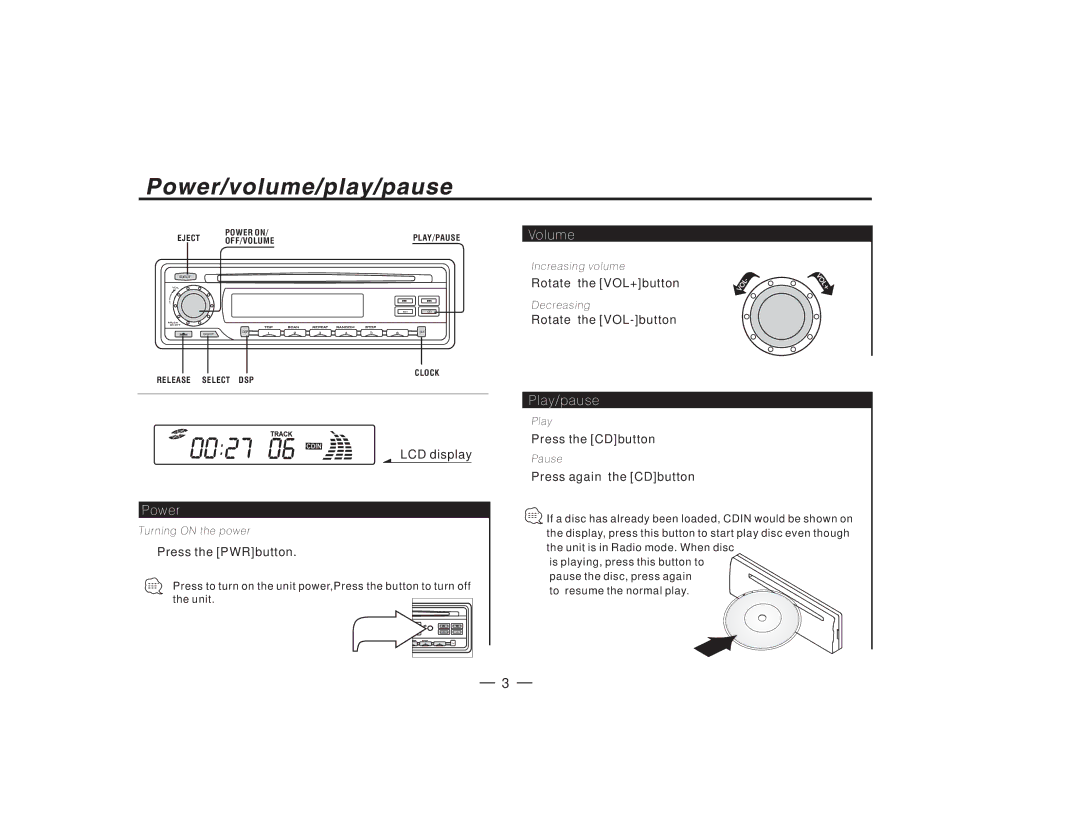 PYLE Audio PLCD27 manual Power, Volume, Play/pause, LCD display 