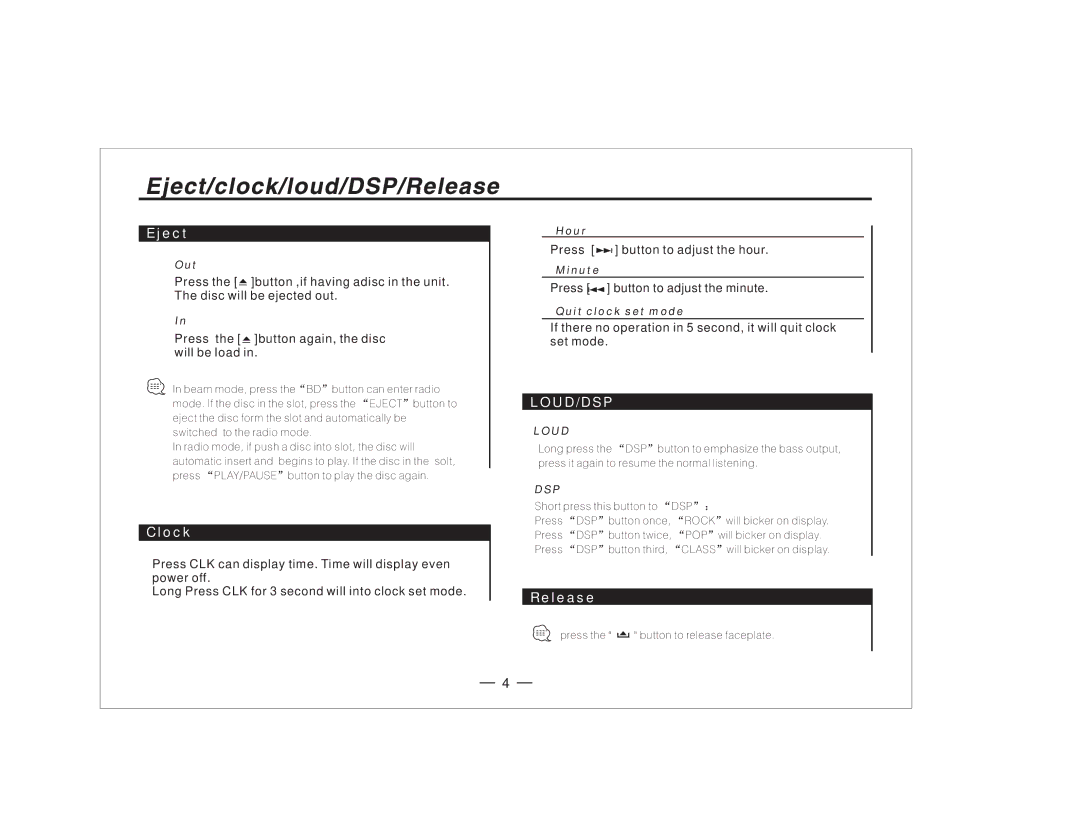 PYLE Audio PLCD27 manual Eject, Clock, Release, Press button to adjust the hour, Press button to adjust the minute 