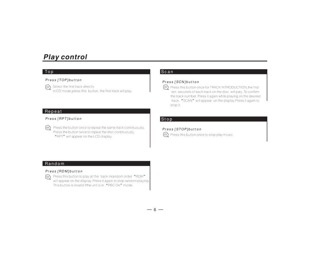 PYLE Audio PLCD27 manual Top, Repeat, Random, Scan, Stop 