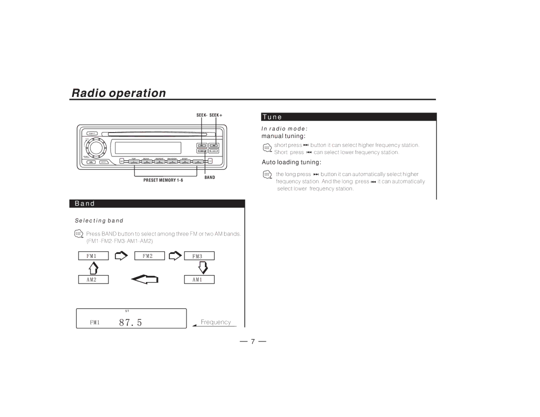 PYLE Audio PLCD27 manual Tune, Band, Manual tuning, Auto loading tuning, Frequency 