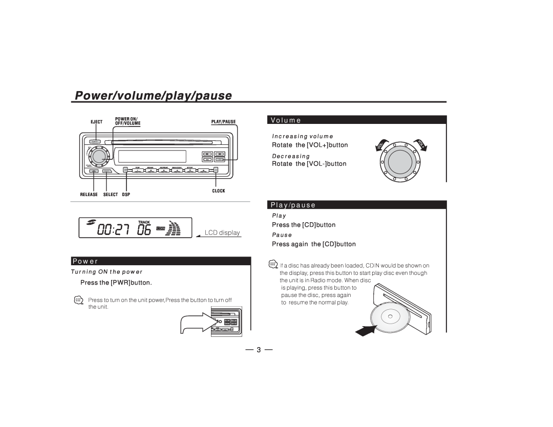 PYLE Audio PLCD27 manual Power, Volume, Play/pause, Press the PWRbutton, Rotate, the VOL+button, the VOL-button 
