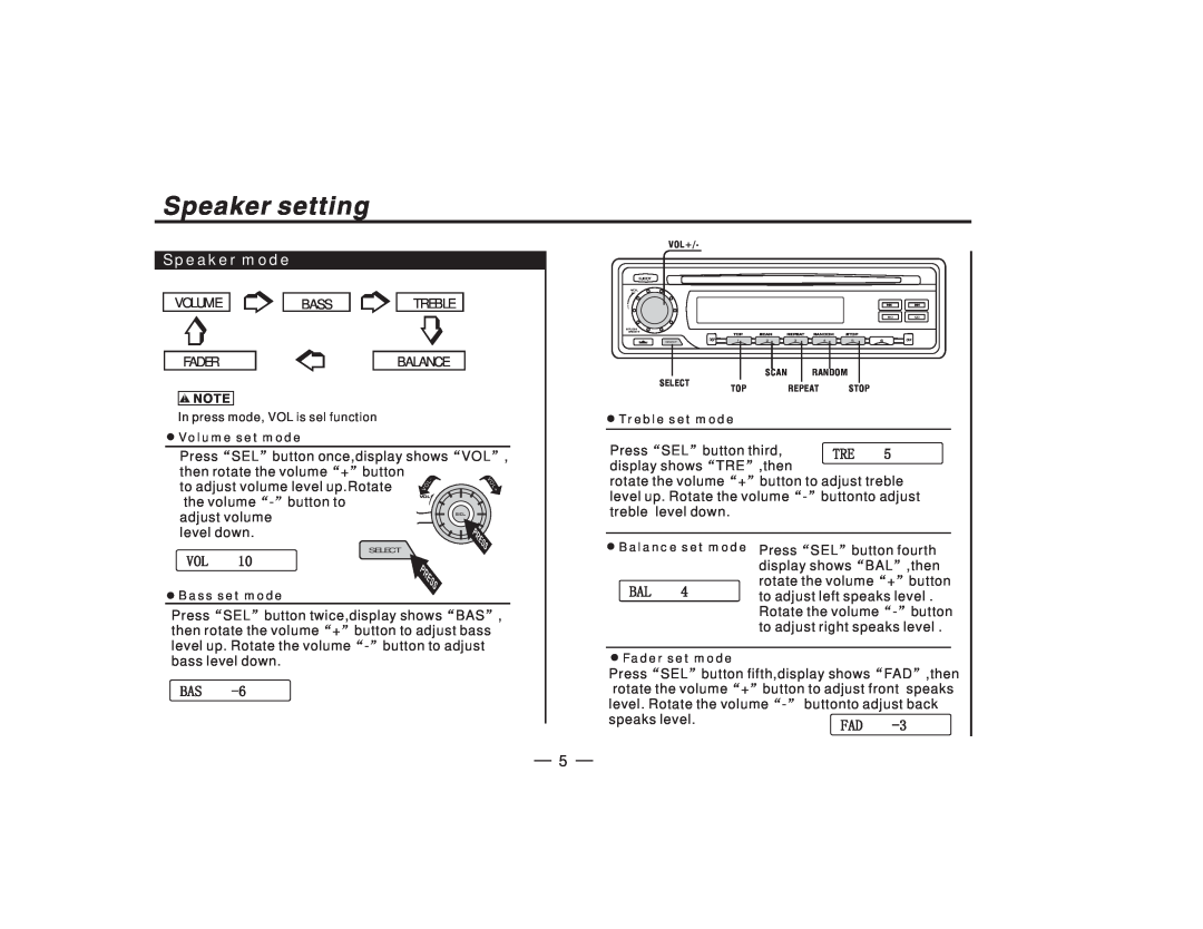 PYLE Audio PLCD27 manual Speaker mode, Volume, Bass, Treble, Fader, Balance 