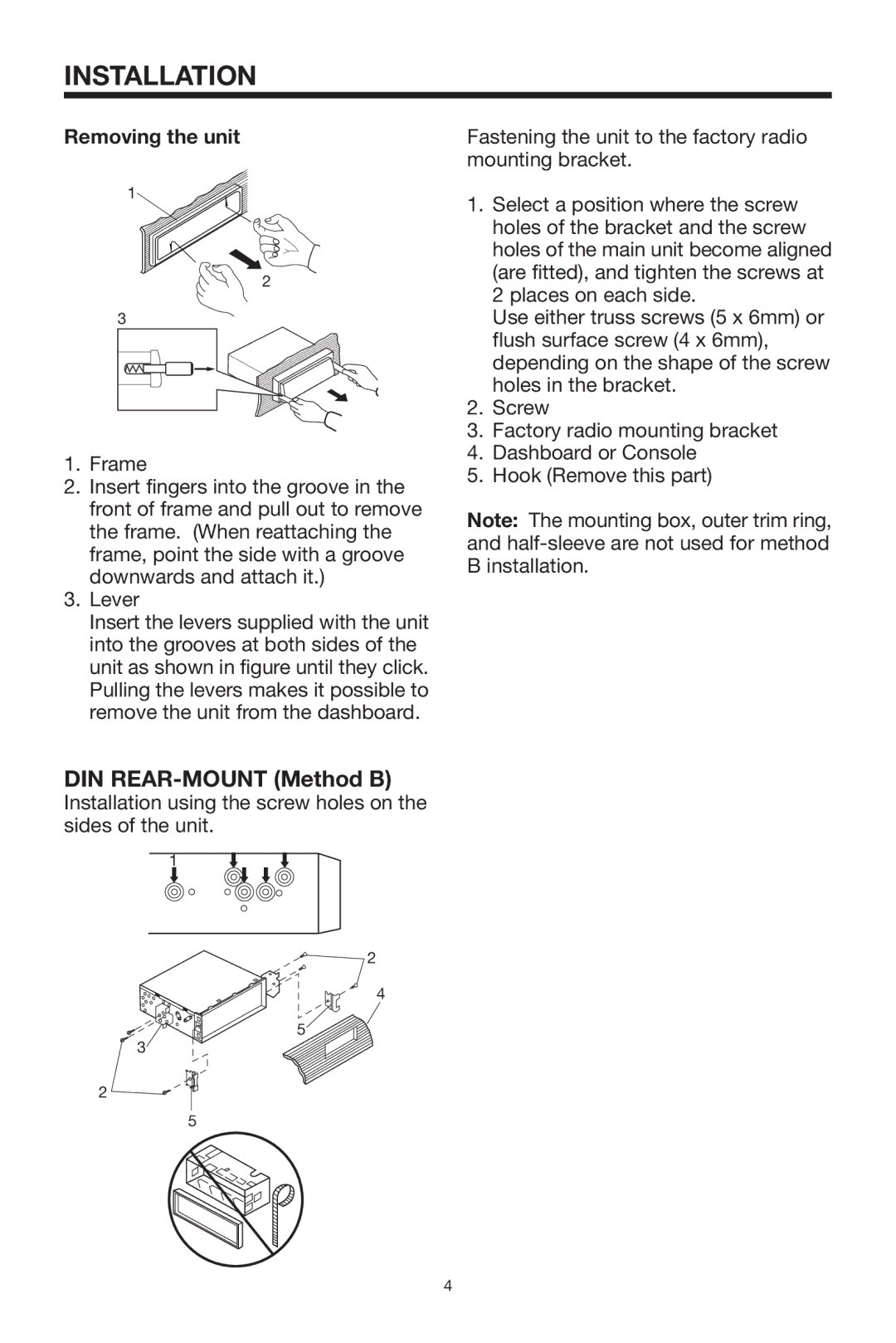 PYLE Audio PLCD29 owner manual DIN REAR-MOUNT Method B, Removing the unit 