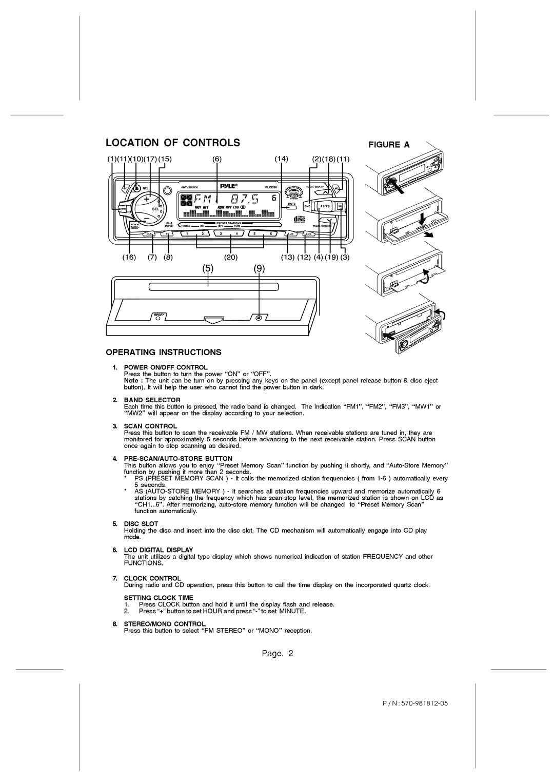 PYLE Audio PLCD38 owner manual Power ON/OFF Control, Band Selector, Scan Control, PRE-SCAN/AUTO-STORE Button, Disc Slot 