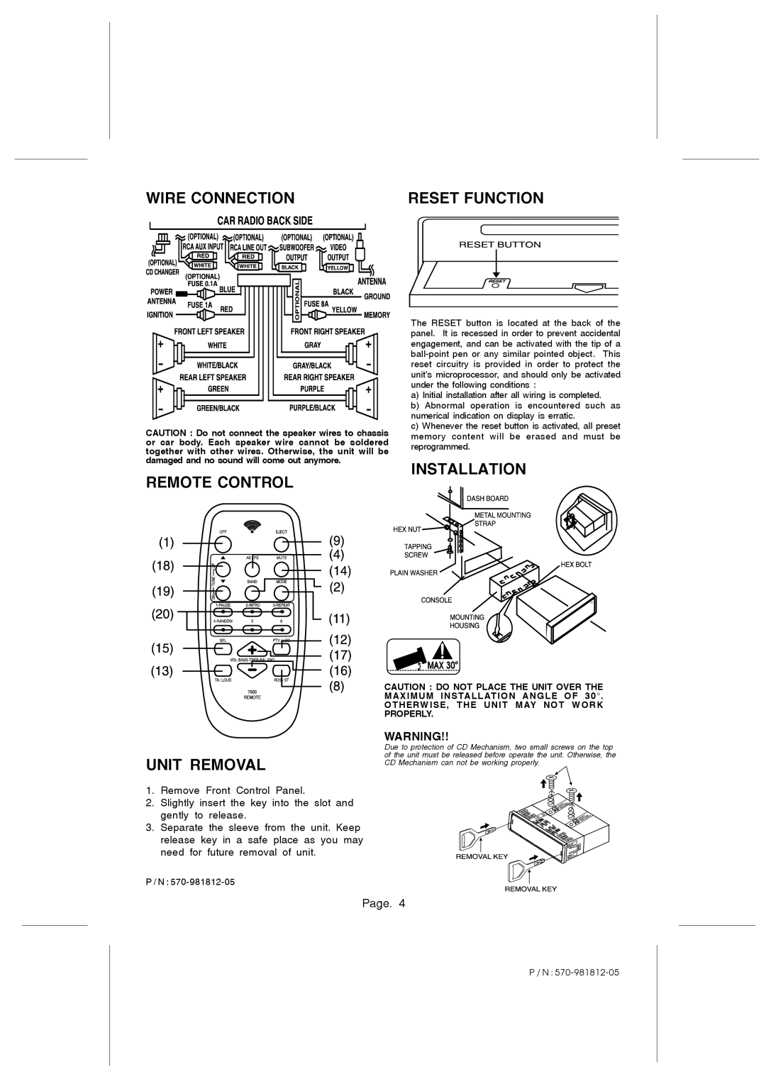 PYLE Audio PLCD38 owner manual Wire Connection Reset Function Remote Control 