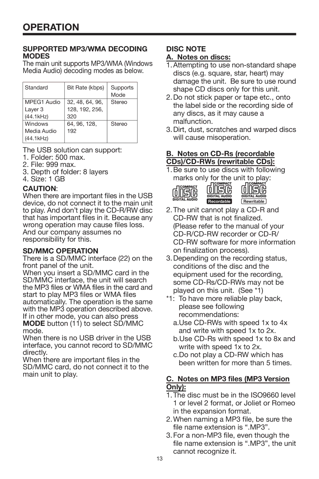 PYLE Audio PLCD3MR owner manual Supported MP3/WMA Decoding Modes, SD/MMC Operation, Disc Note 