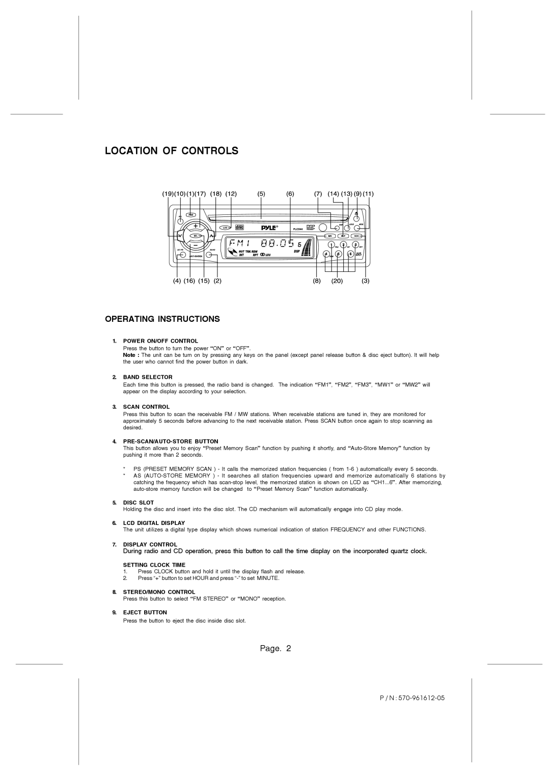 PYLE Audio PLCD44 owner manual Location of Controls 