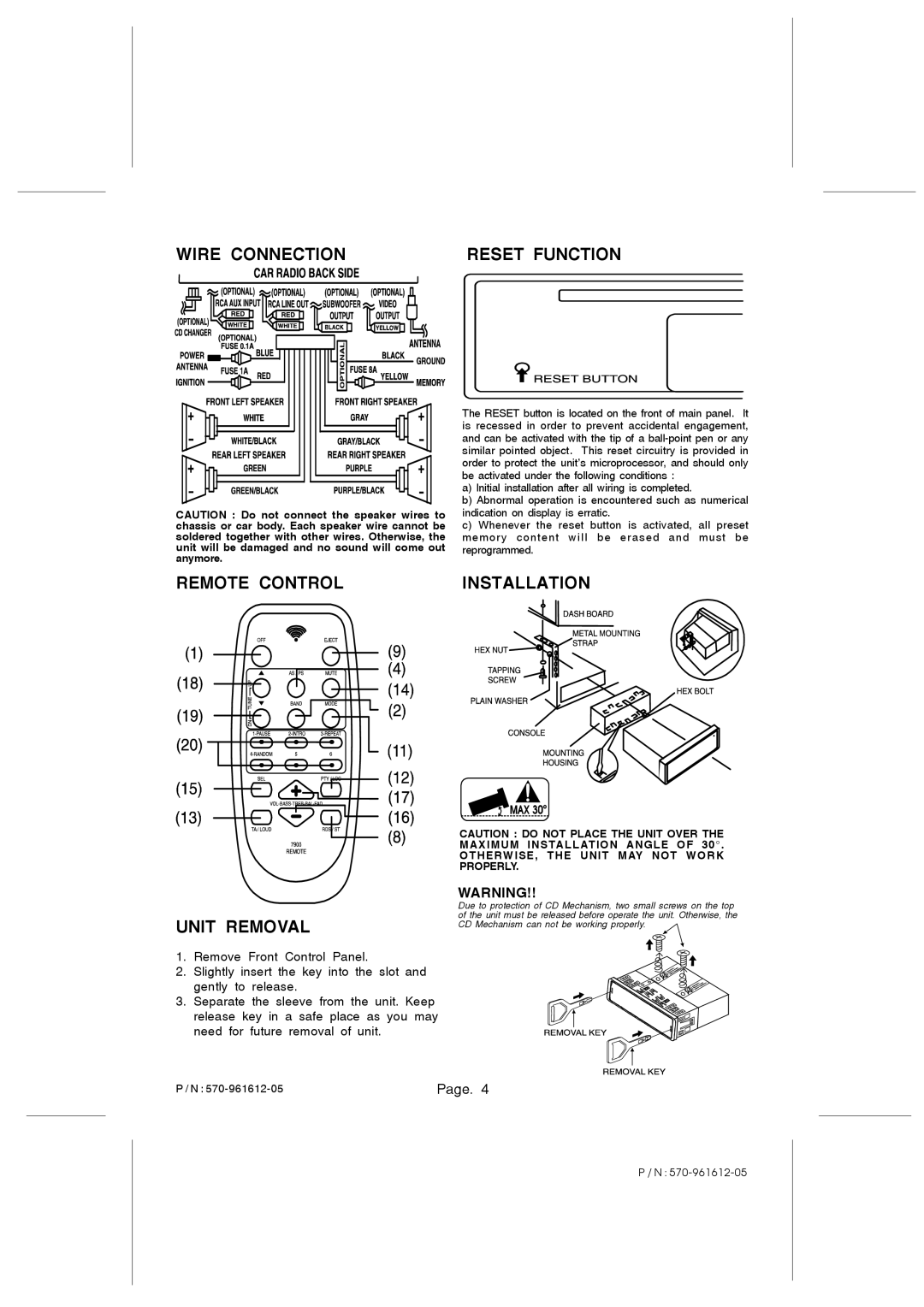 PYLE Audio PLCD44 owner manual Wire Connection Reset Function, Remote Control Installation Unit Removal 