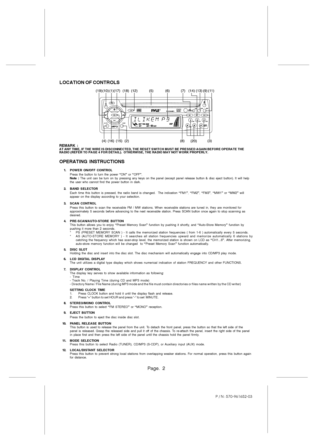 PYLE Audio PLCD45MP3 owner manual Location of Controls, Operating Instructions 