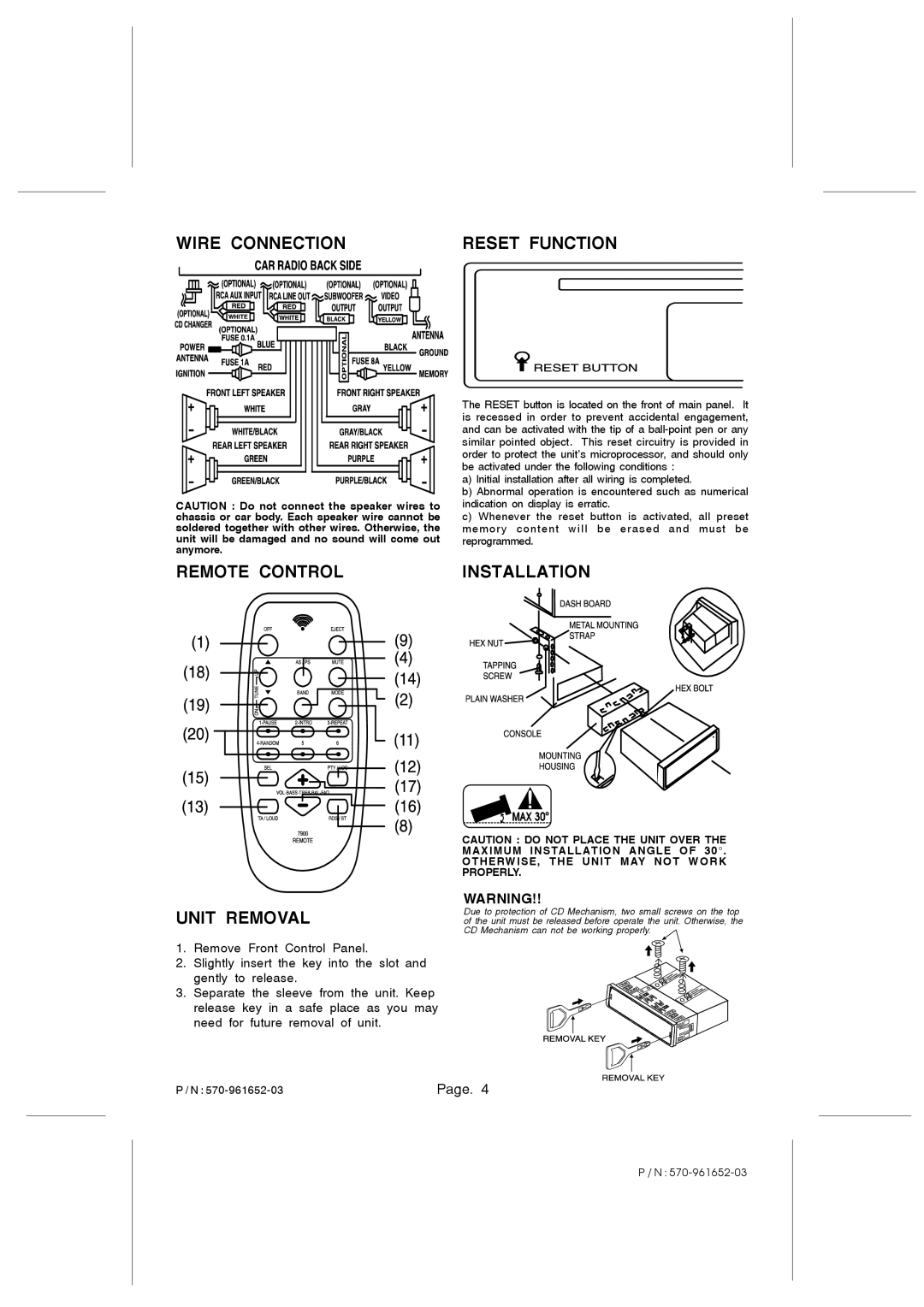 PYLE Audio PLCD45MP3 owner manual Wire Connection Remote Control Unit Removal 