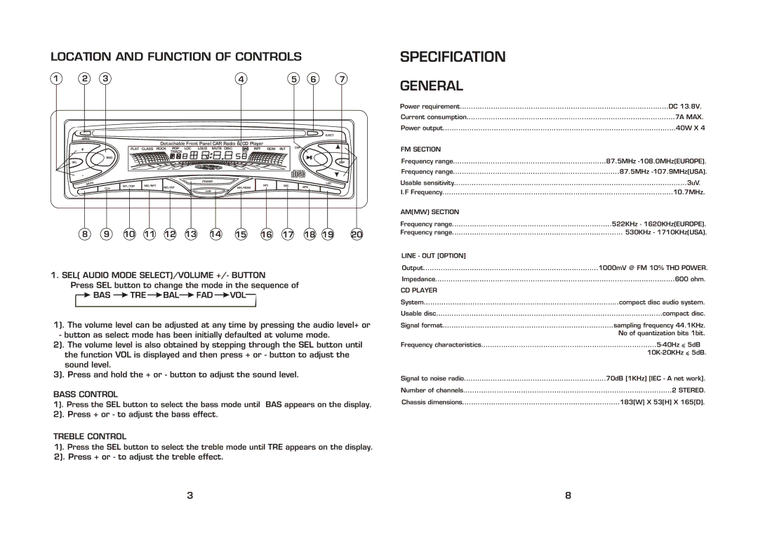 PYLE Audio plcd46 Specification, Location and Function of Controls, Bas Tre Bal Fad Vol, Bass Control, Treble Control 