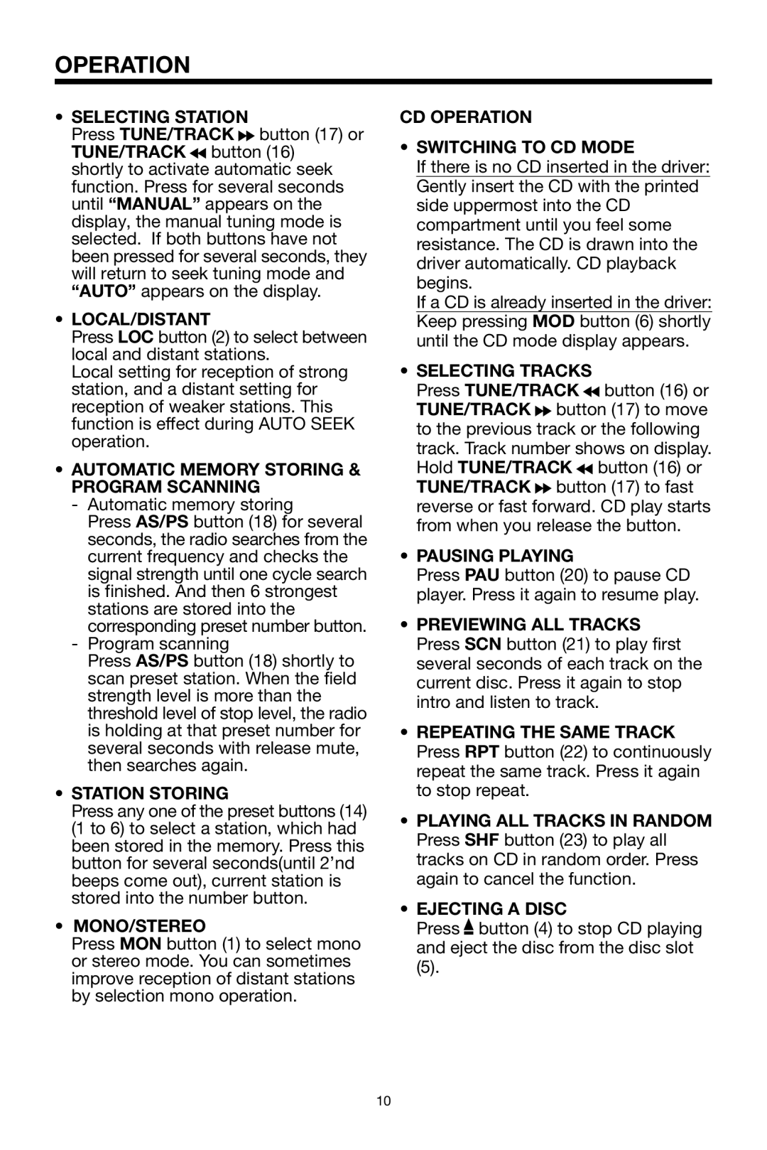 PYLE Audio PLCD65WXMU Selecting Station, Local/Distant, Automatic Memory Storing & Program Scanning, Station Storing 