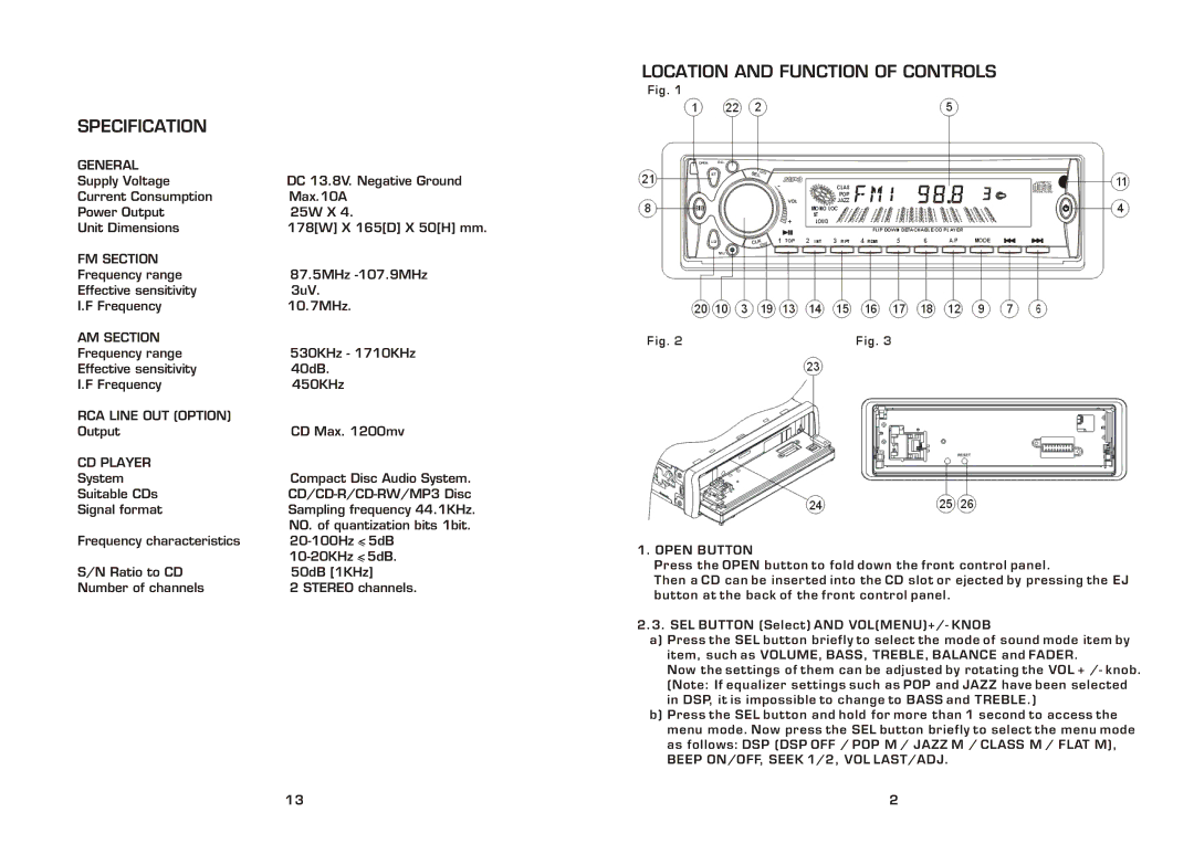 PYLE Audio PLCD79MP instruction manual Specification, Location and Function of Controls 