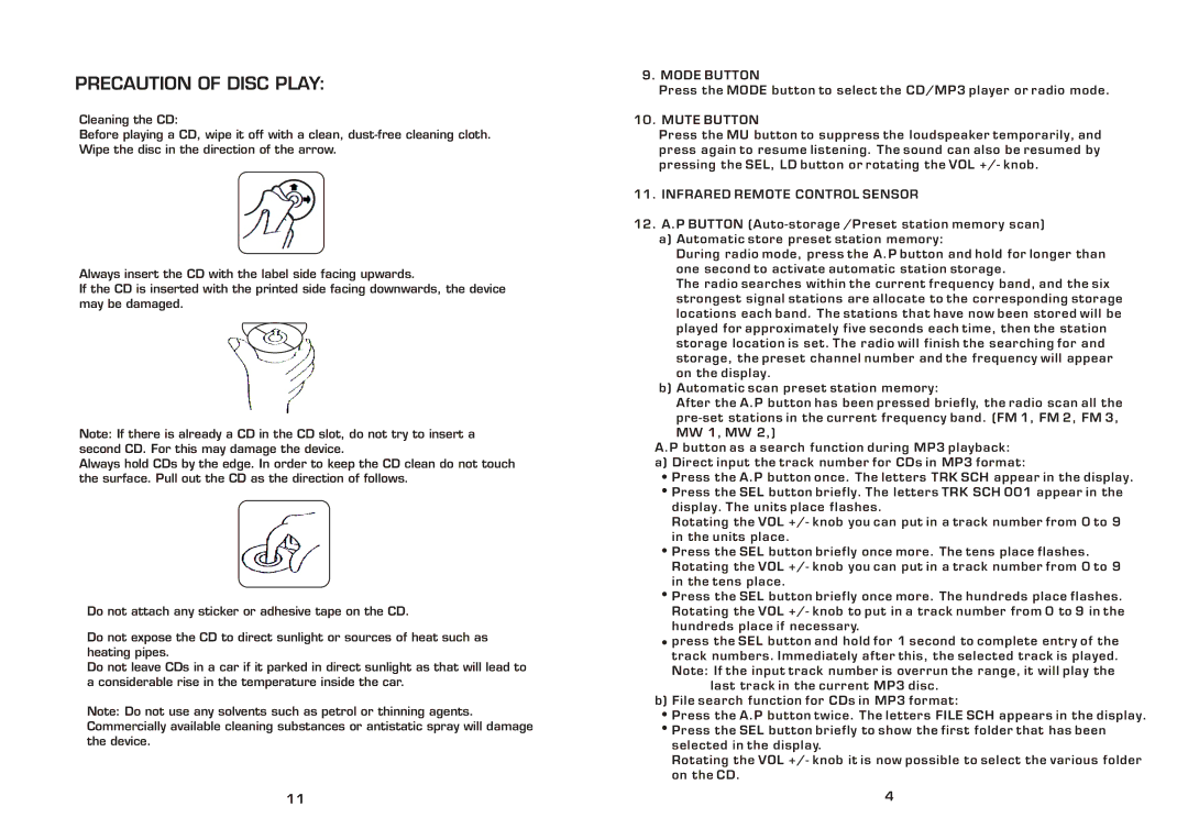 PYLE Audio PLCD79MP instruction manual Precaution of Disc Play, Mode Button, Mute Button, Infrared Remote Control Sensor 