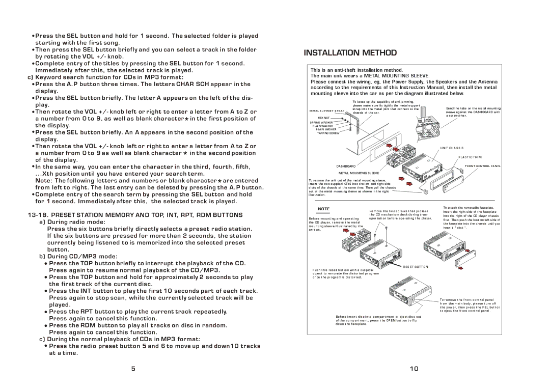 PYLE Audio PLCD79MP instruction manual Installation Method, Preset Station Memory and TOP, INT, RPT, RDM Buttons 