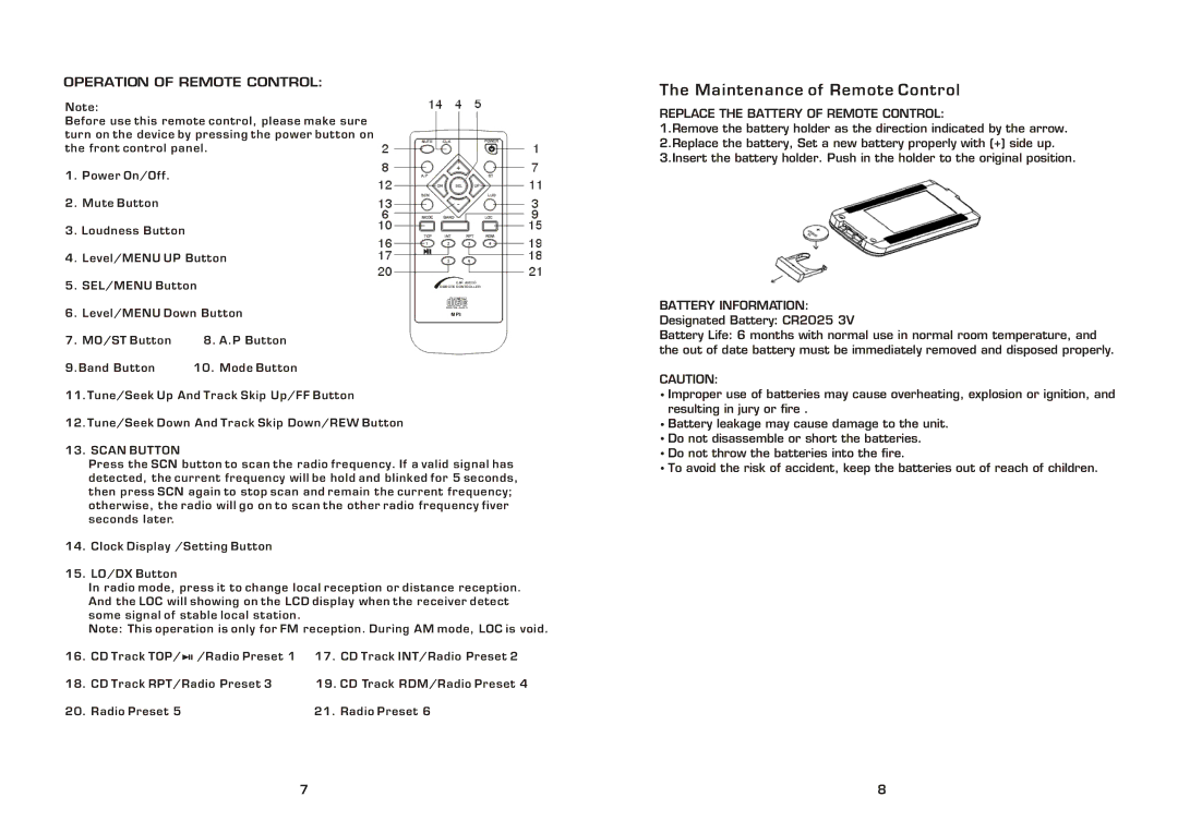 PYLE Audio PLCD79MP instruction manual Operation of Remote Control, Scan Button, Replace the Battery of Remote Control 