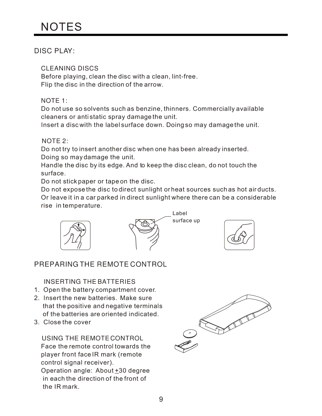 PYLE Audio PLCD80M instruction manual Disc Play, Preparing the Remote Control, Cleaning Discs, Inserting the Batteries 