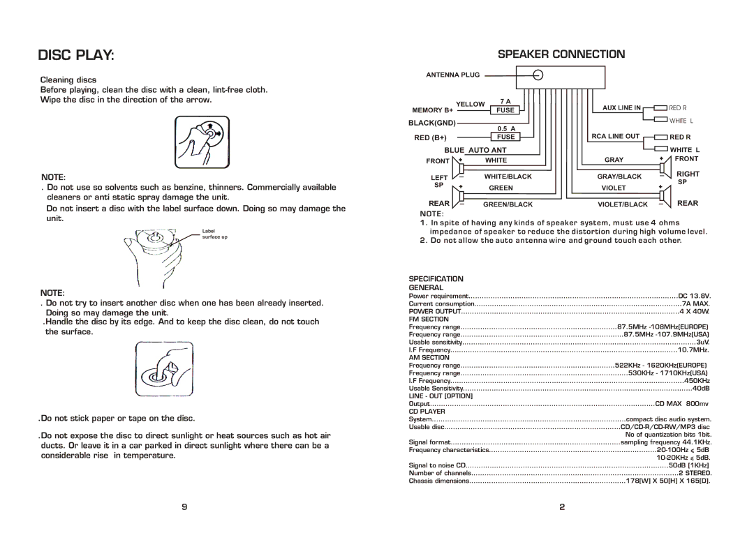 PYLE Audio PLCD82MP instruction manual Disc Play, Specification General 