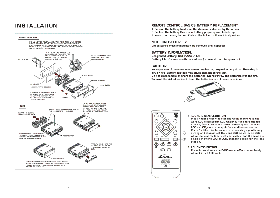 PYLE Audio PLCD82MP Installation, Remote Control Basics Battery Replacement, Battery Information, LOCAL/DISTANCE Button 