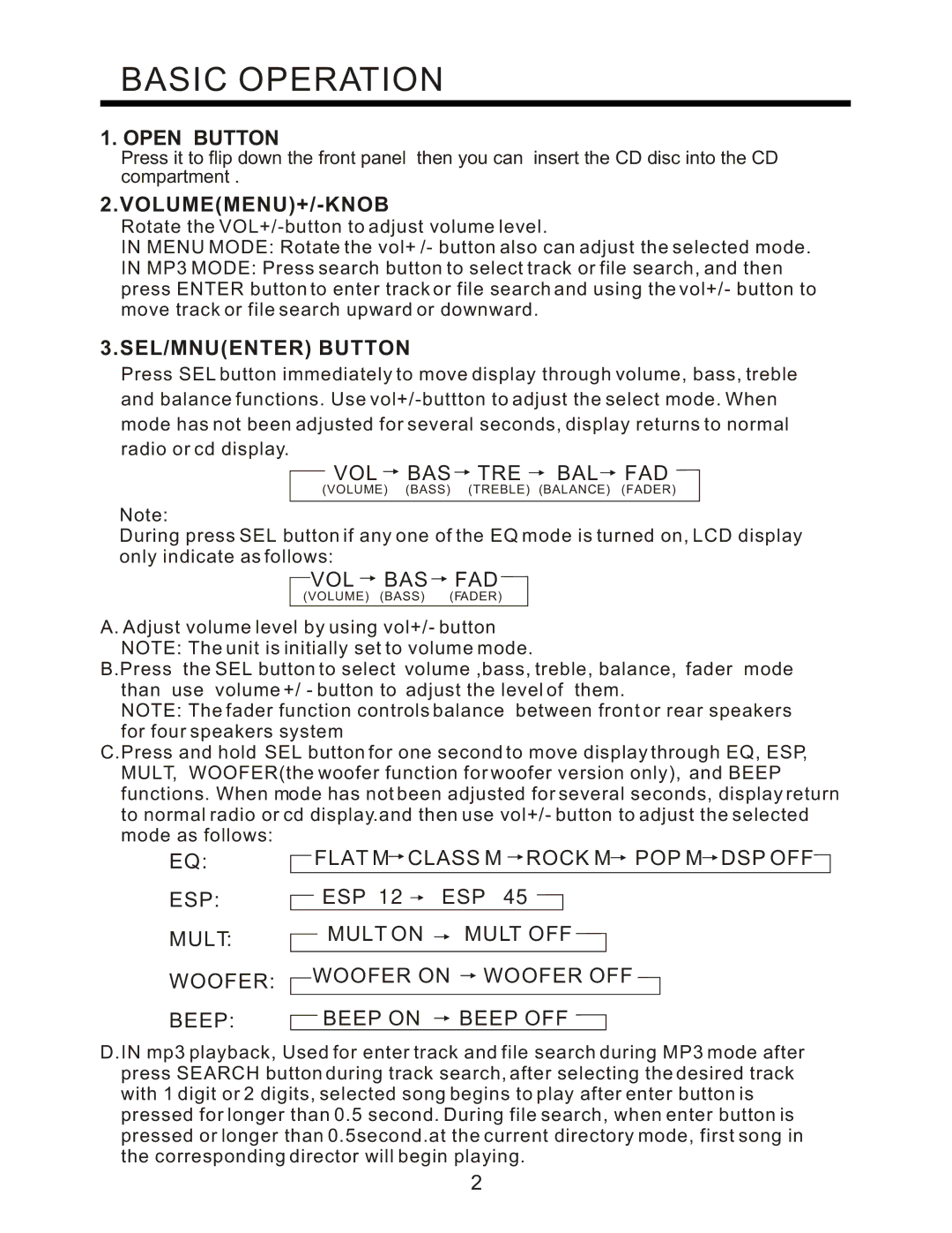 PYLE Audio PLCD94M instruction manual Basic Operation, Open Button, Volumemenu+/-Knob, SEL/MNUENTER Button 