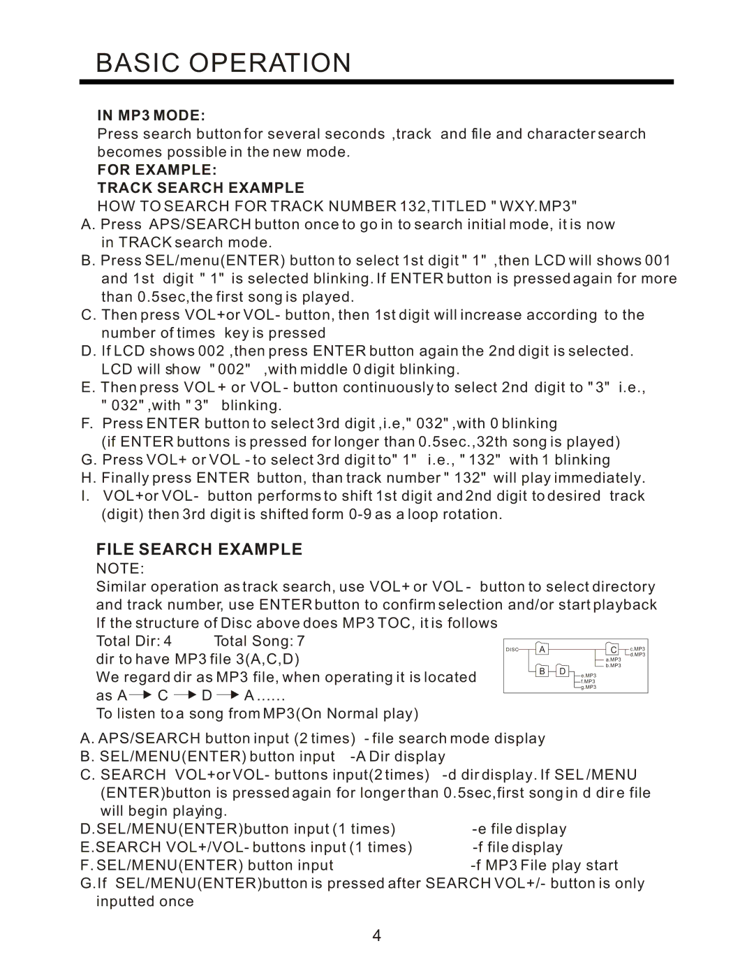 PYLE Audio PLCD94M instruction manual File Search Example, MP3 Mode, For Example Track Search Example 