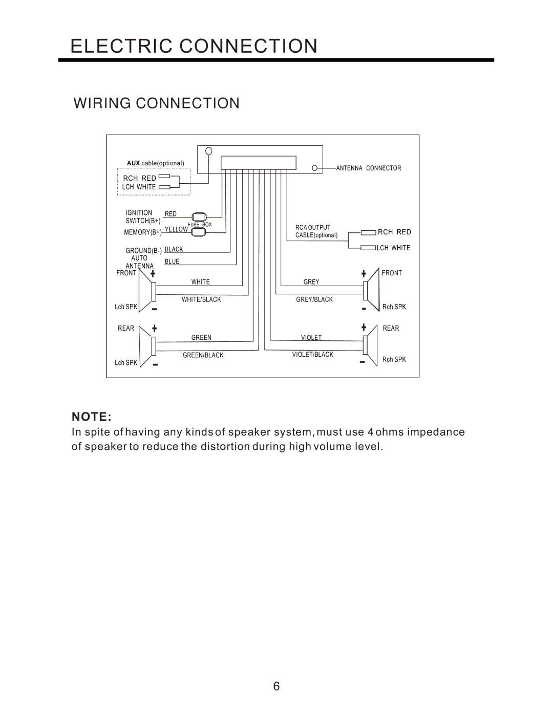 PYLE Audio PLCD94M instruction manual Electric Connection, Wiring Connection 