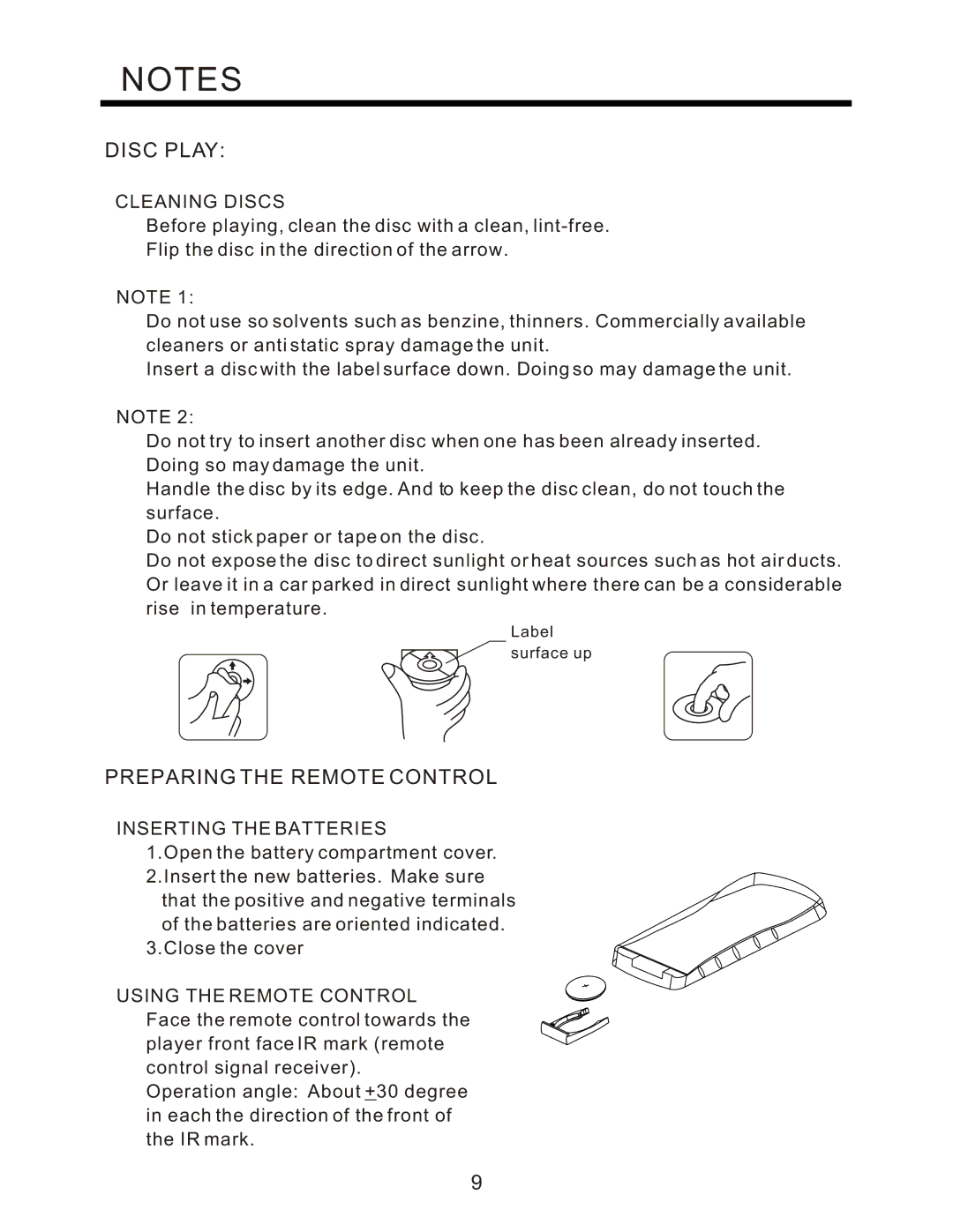 PYLE Audio PLCD95UM instruction manual Disc Play, Preparing the Remote Control, Cleaning Discs, Inserting the Batteries 