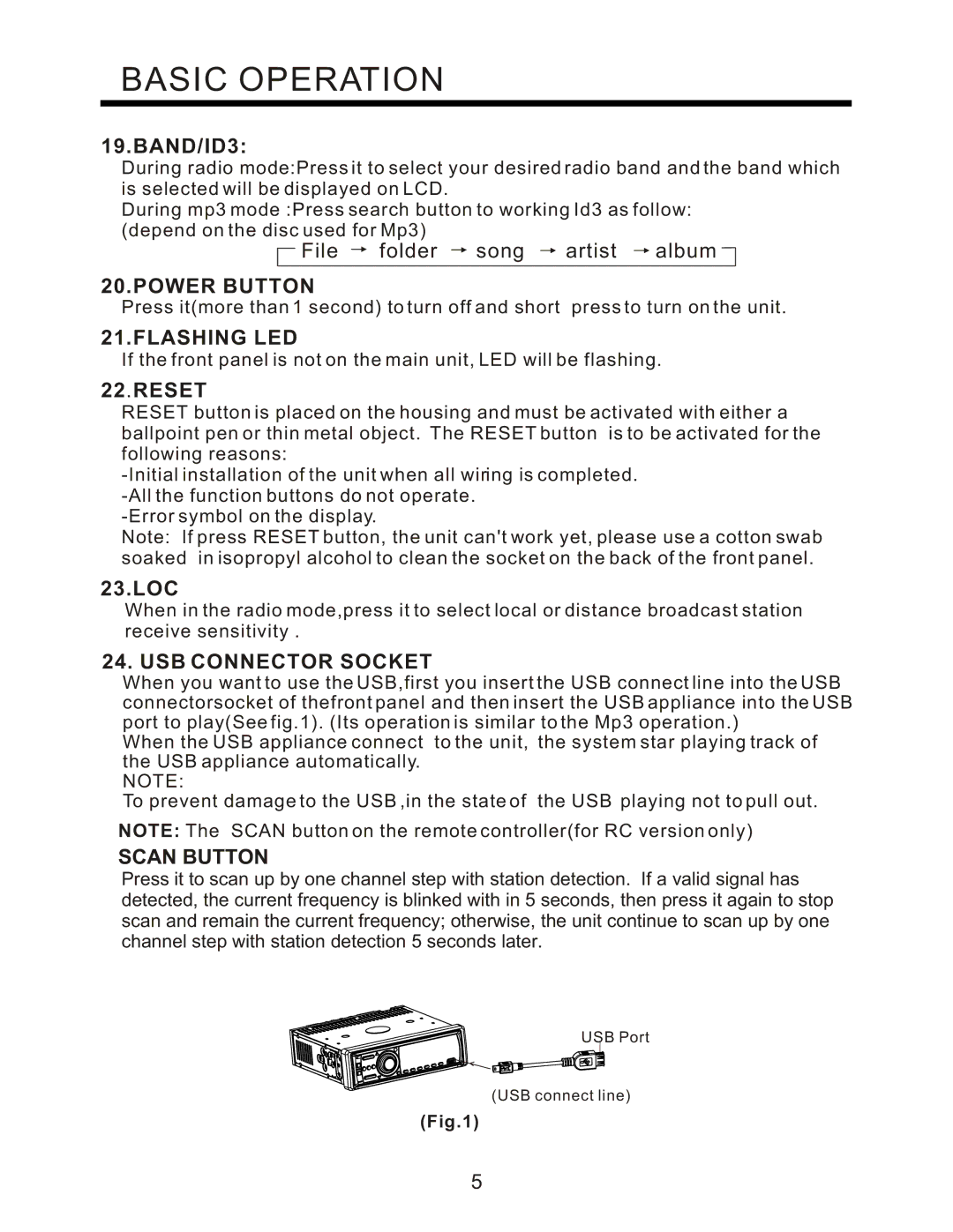 PYLE Audio PLCD95UM instruction manual Power Button, Flashing LED, Reset, USB Connector Socket, Scan Button 