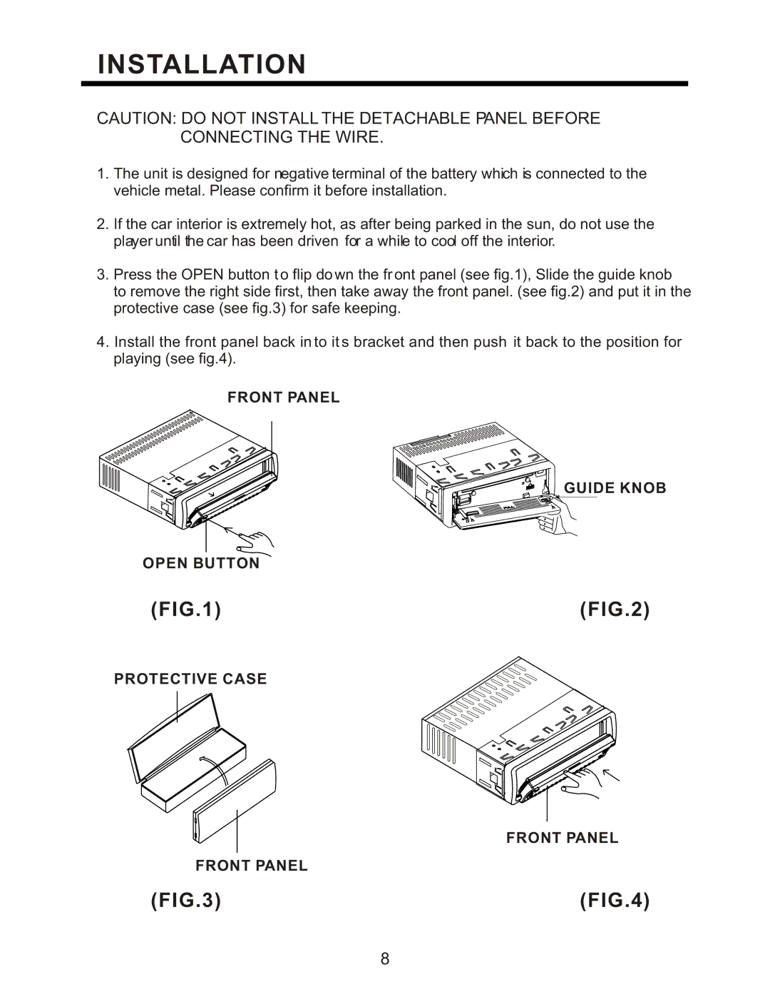 PYLE Audio PLCD95UM instruction manual Front Panel Guide Knob Open Button Protective Case 